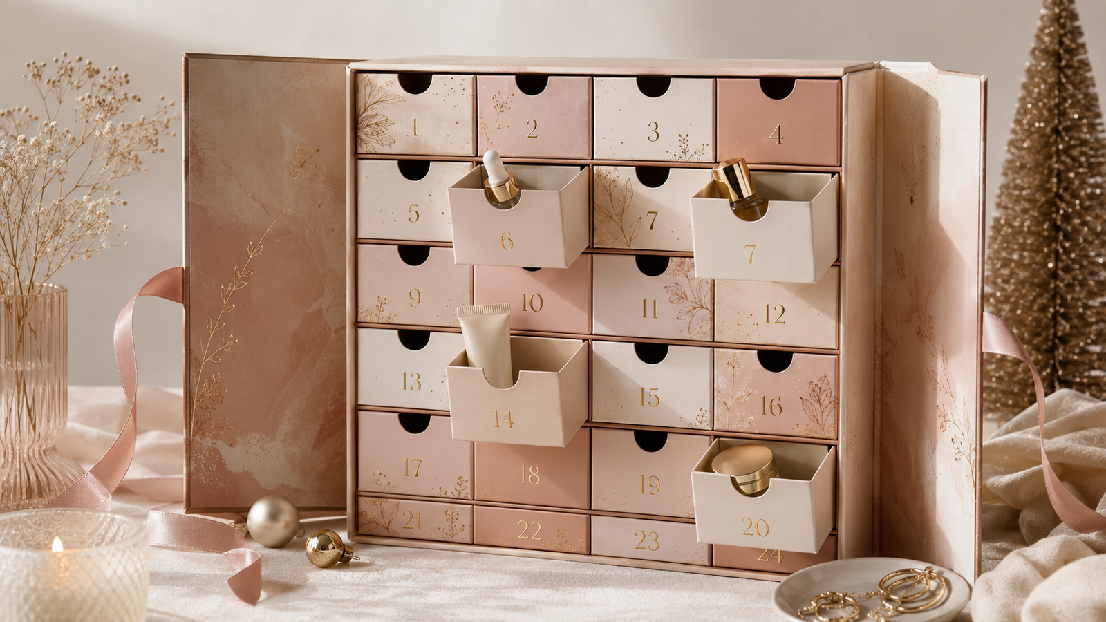 A beauty advent calendar box with numbered drawer doors and beauty products peeking out