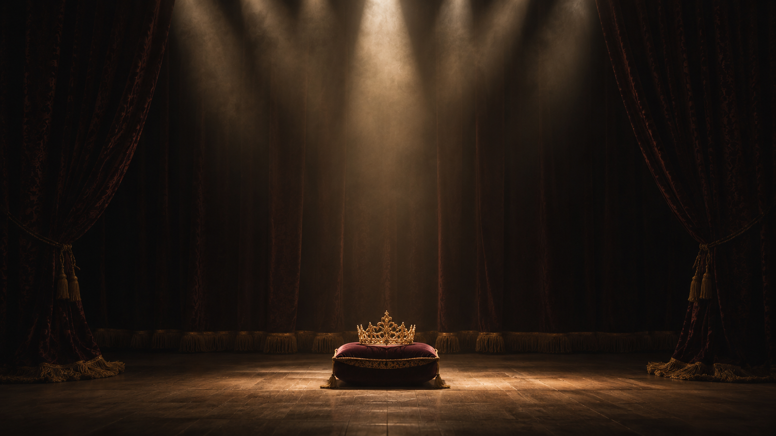 An empty stage with theatrical lighting and a single crown on a small velvet cushion, in editorial styling