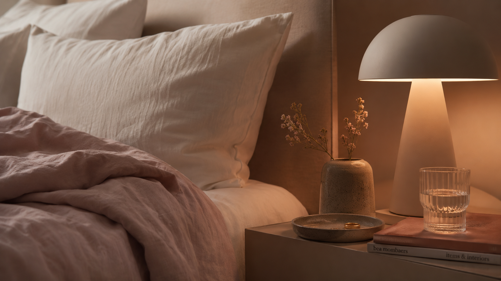 A peaceful bedroom scene with soft pillows and warm lamplight