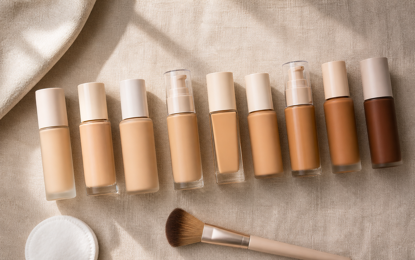 Several drugstore foundation bottles in different shades arranged together in soft daylight