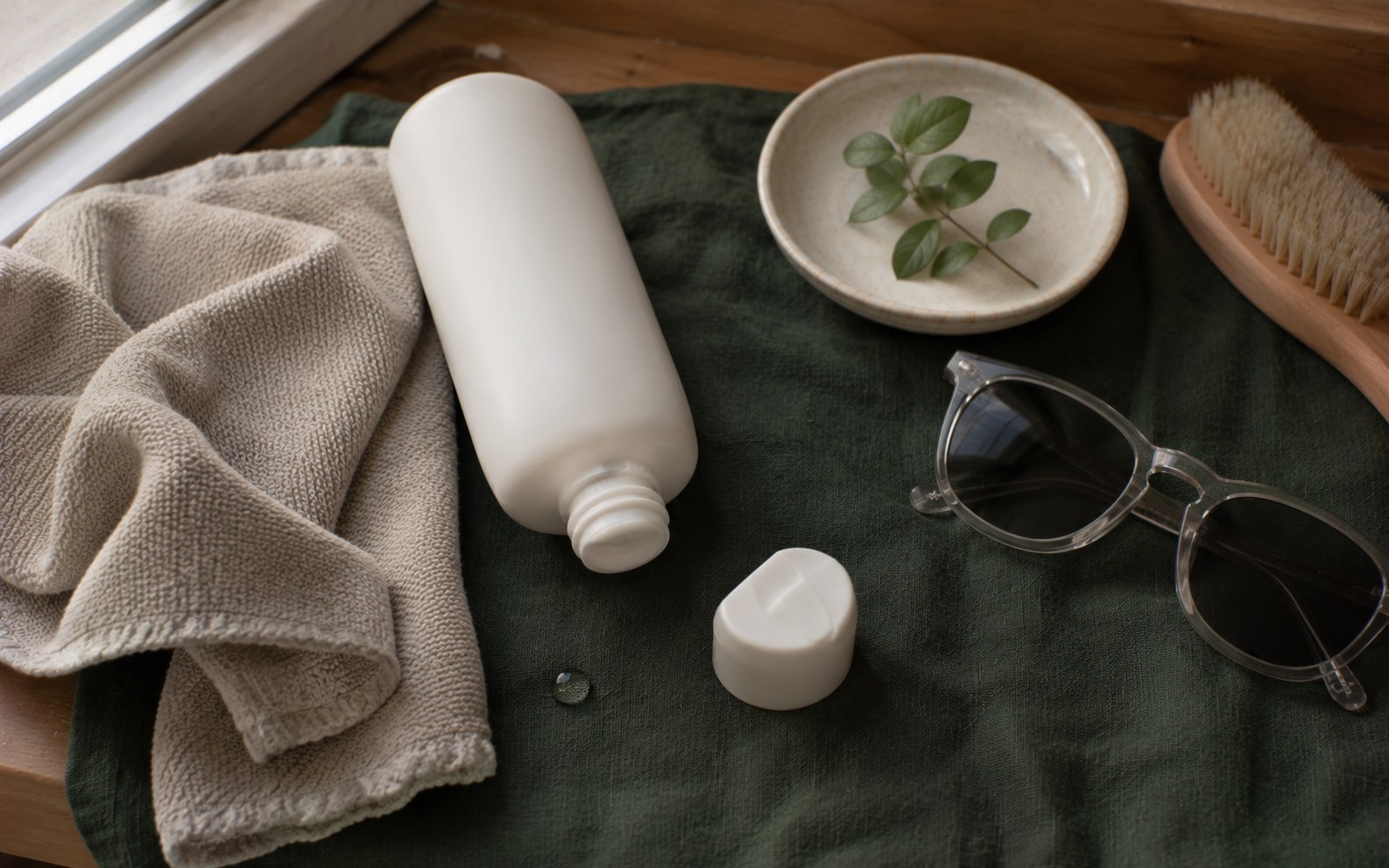 A bottle of sunscreen resting beside a folded warm stone-toned cloth on deep forest linen in natural daylight