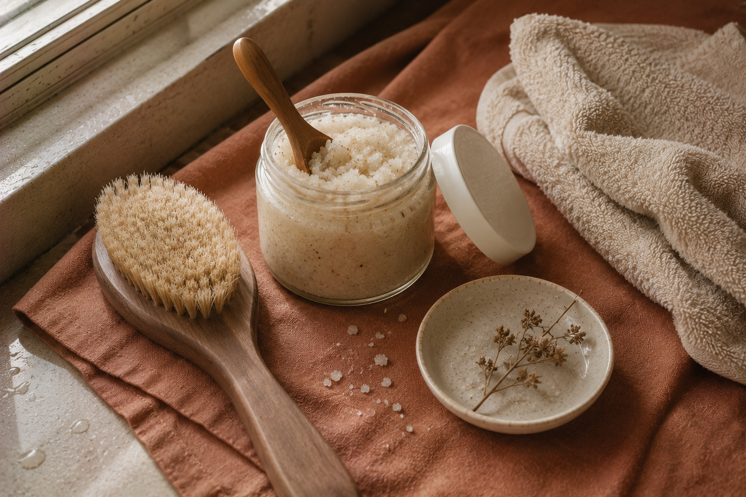A small jar of sugar scrub beside a wooden brush and folded cloth on warm terracotta linen in soft daylight