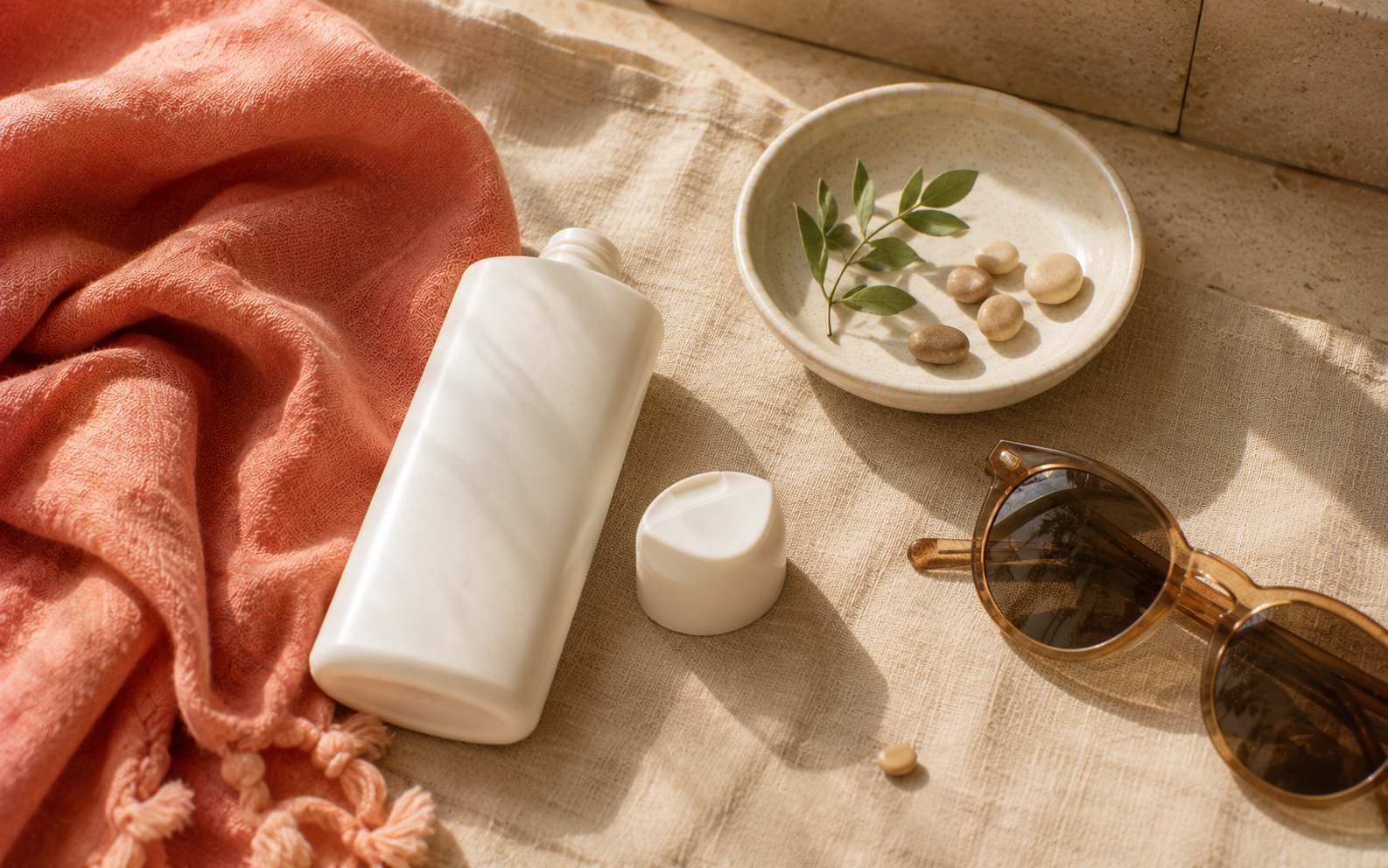 A bottle of body sunscreen and a folded soft coral cloth on warm sandstone linen in natural daylight