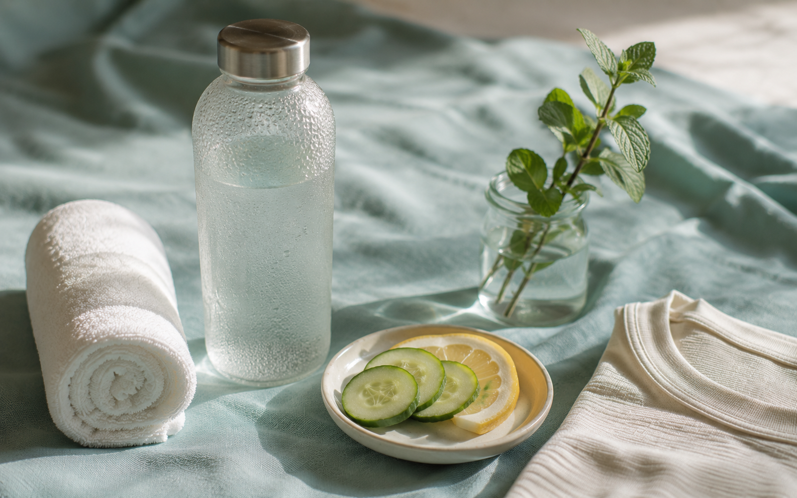 A frosted water bottle beaded with condensation, a rolled towel, and a sprig of mint on a soft teal cloth