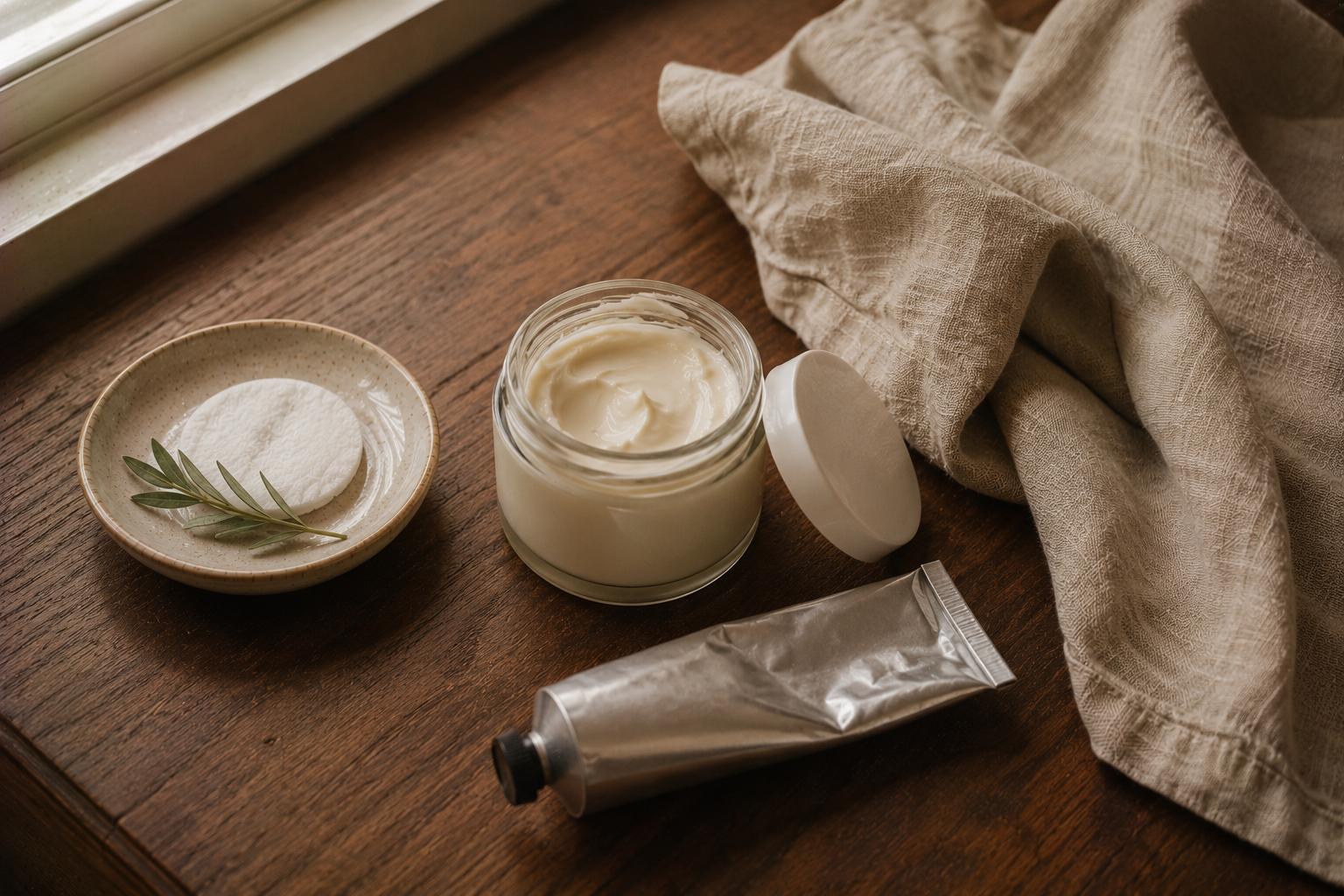 A small jar of rich hand cream resting beside a folded soft linen cloth on warm chestnut wood in natural daylight