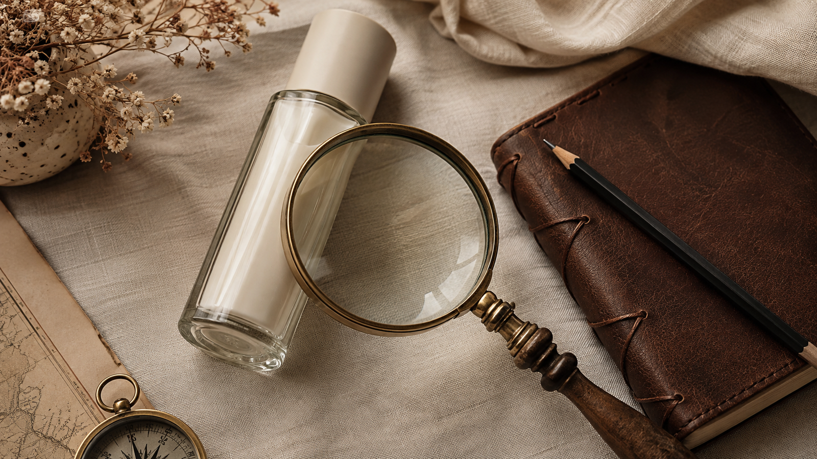 A magnifying glass resting on a beauty product package next to a small notebook and pen on a soft cream surface