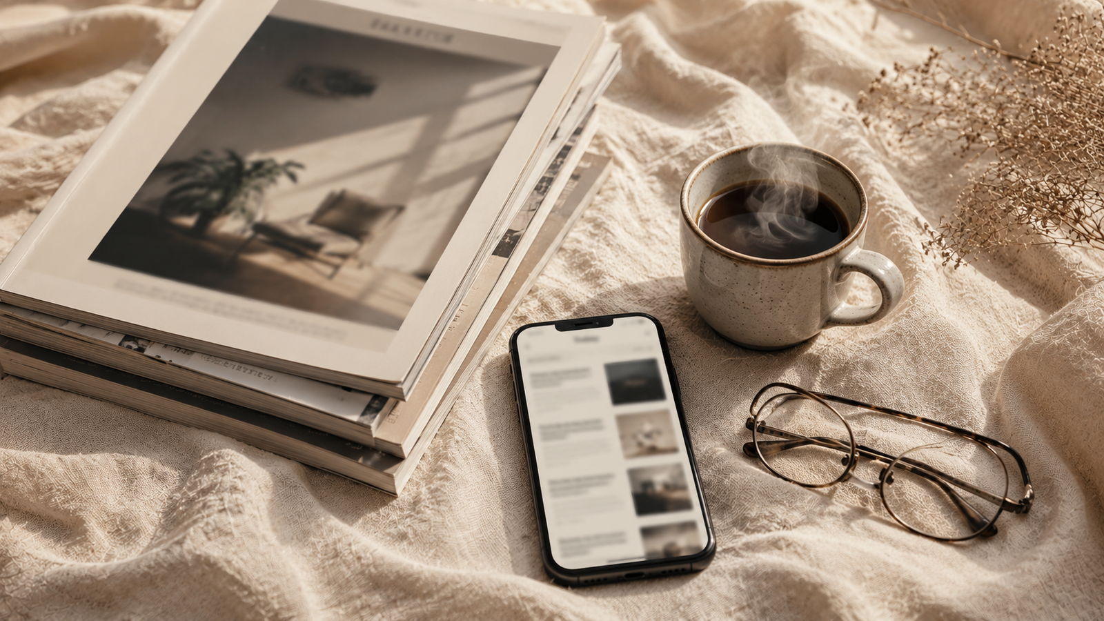 A stack of magazines and a smartphone showing news headlines on a soft cream surface with a cup of coffee