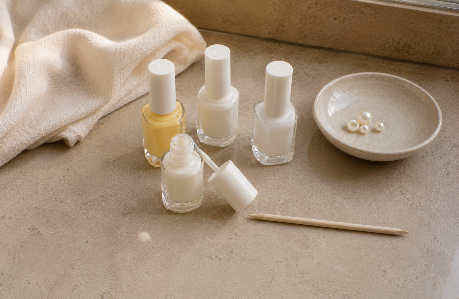 Several nail polish bottles in soft pearl and butter yellow shades arranged on warm cream linen in soft daylight