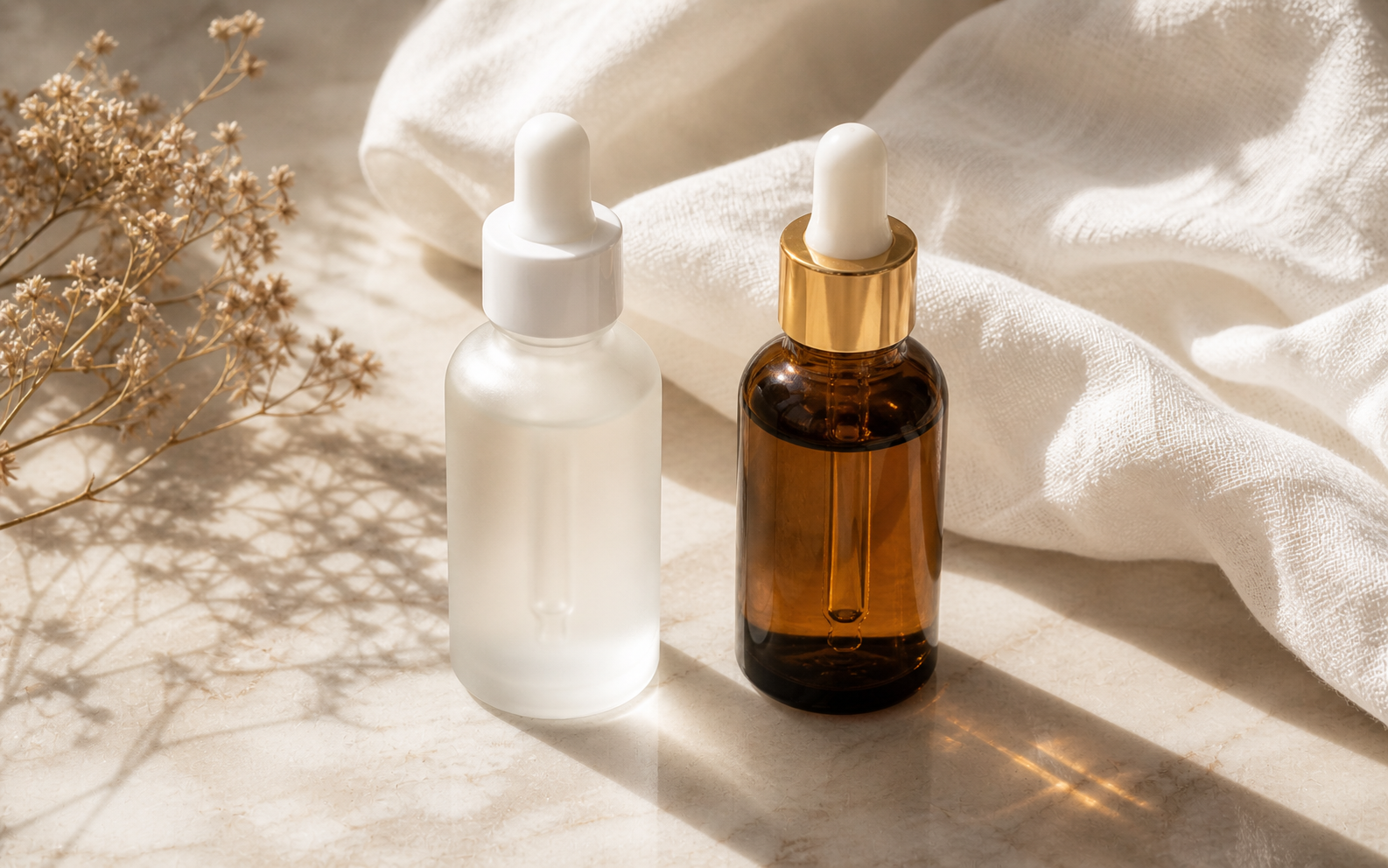 Niacinamide and retinol serum bottles compared side by side on a marble surface