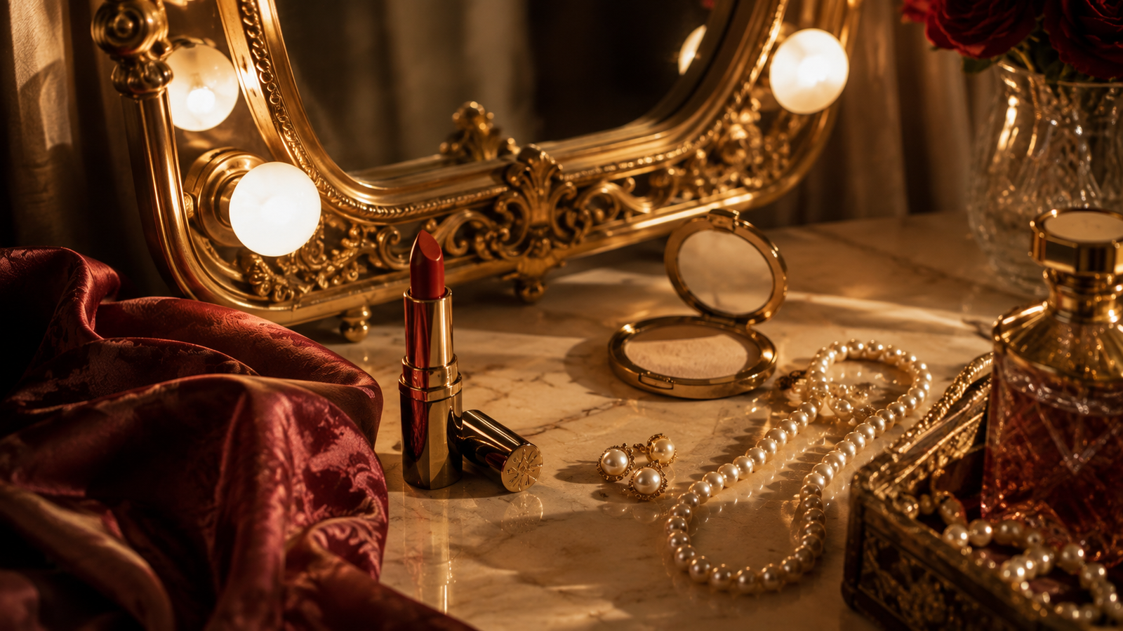 A vintage vanity mirror with soft glowing bulbs, red lipstick, pearl jewelry, and a folded silk scarf arranged in classic Hollywood style