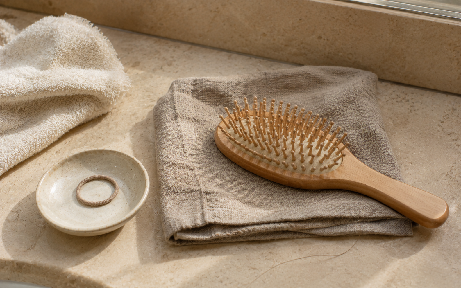 A wooden hairbrush resting on a folded soft taupe linen surface in gentle natural light