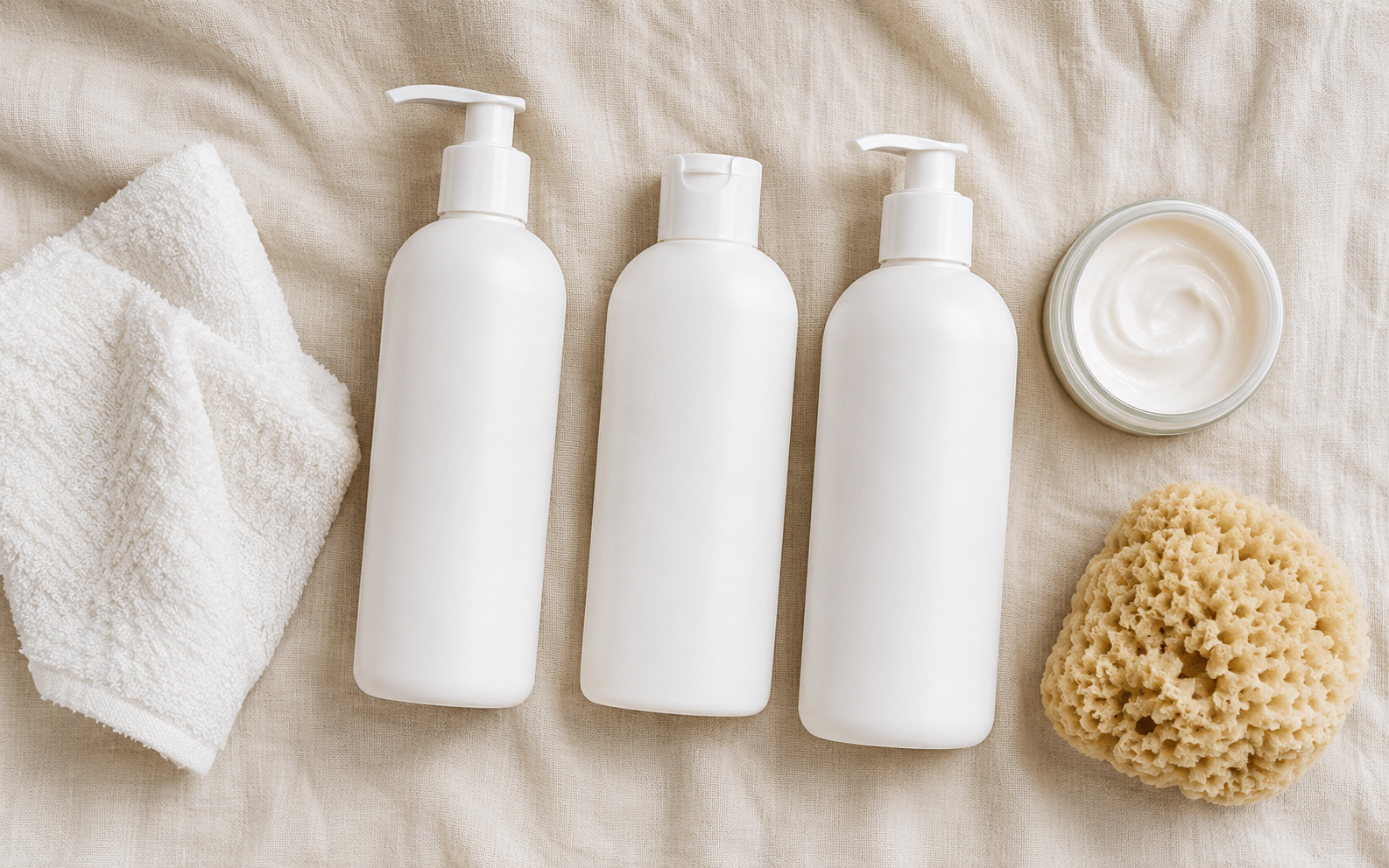 A body wash bottle and a soft cotton cloth on a clean light-toned surface in morning light