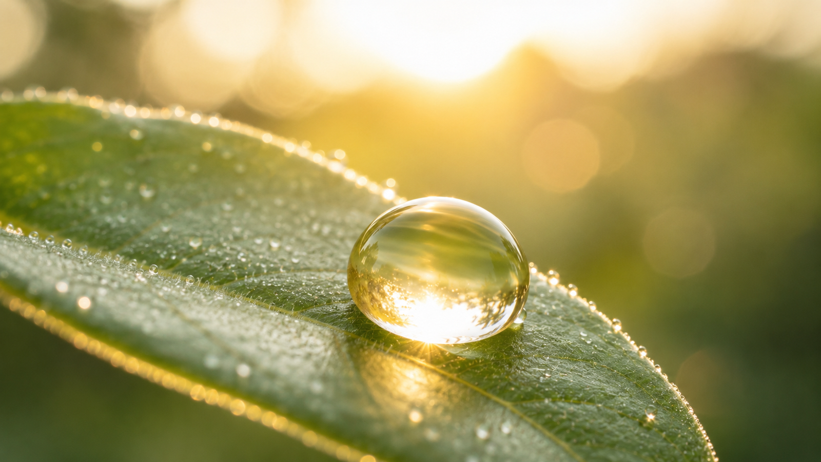 A soft-focus close-up of a dewdrop on a fresh leaf catching morning light, evoking natural luminosity