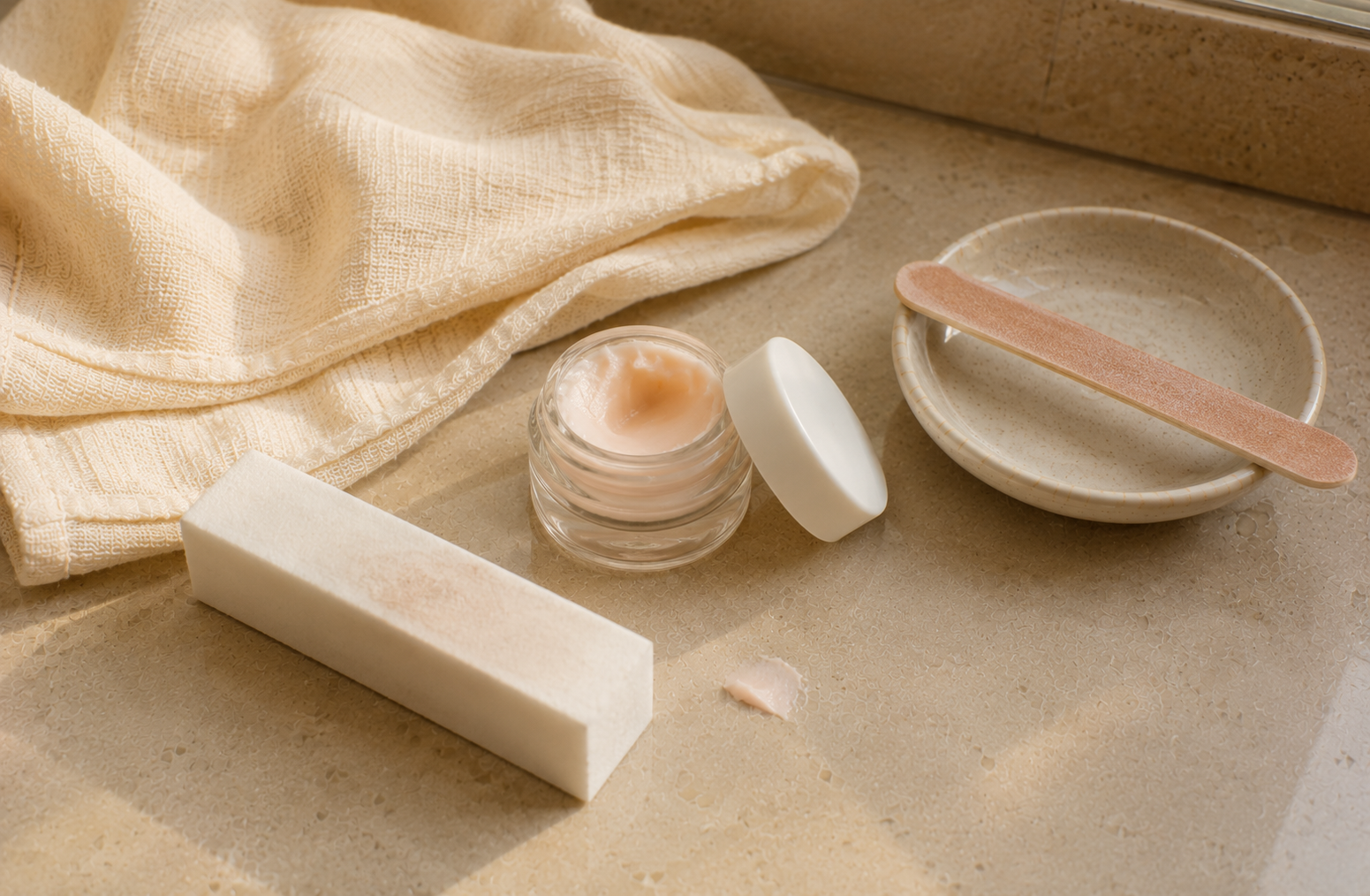 A glass jar of cuticle cream and a soft buffer resting on warm cream linen in natural daylight